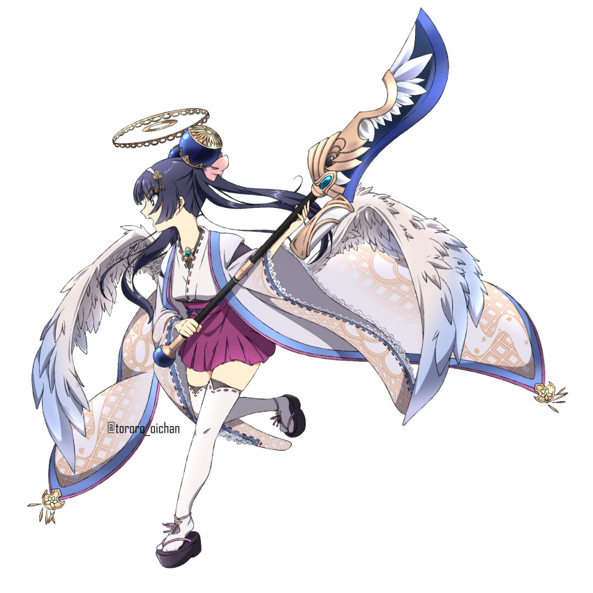 1girl, black_hair, blue_eyes, bow, emil_chronicle_online, from_side, geta, hair_ornament