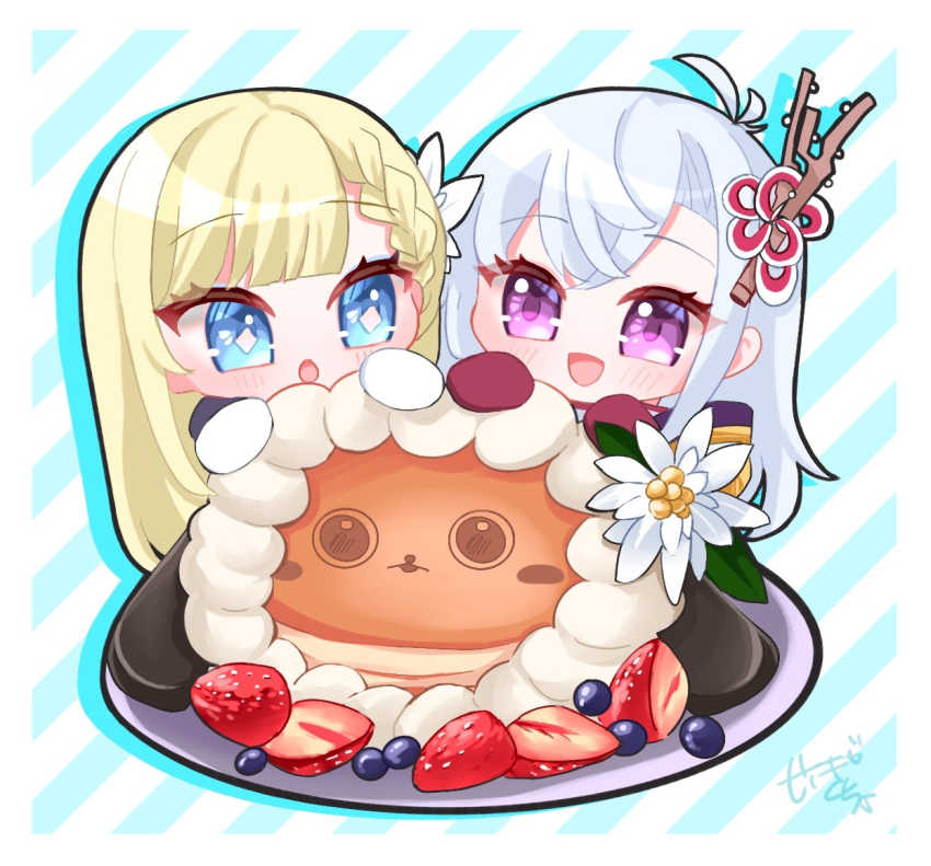+_+, 2girls, blonde_hair, blue_eyes, blueberry, braid, chibi, clarice_(rune_factory)