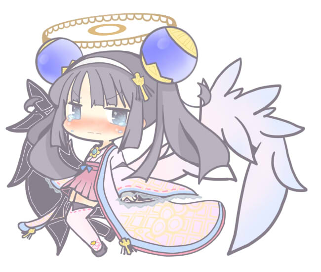 1girl, black_hair, black_wings, blue_eyes, blush, chibi, closed_mouth, emil_chronicle_online, from_side, hair_ornament, halo, homurabi, japanese_clothes, long_hair, mitama_ruri, nose_blush, teardrop, tearing_up, thigh-highs, twintails, white_background, white_thighhighs, white_wings, wings