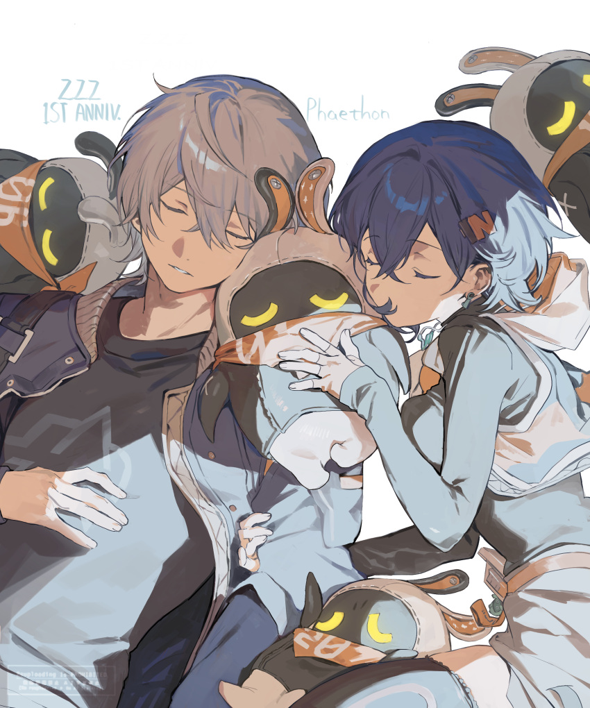1boy, 1girl, absurdres, bangboo_(zenless_zone_zero), bangboo_6_(zenless_zone_zero), belle_(zenless_zone_zero), black_shirt, blue_hair