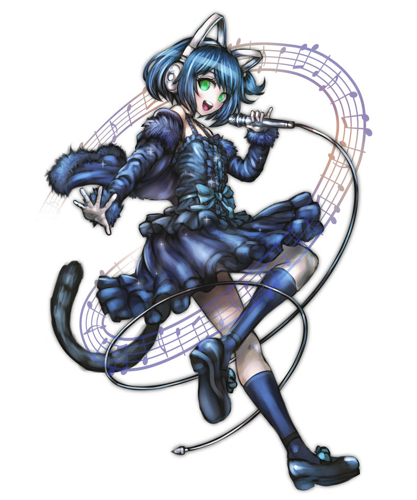 1boy, :d, animal_ear_headphones, animal_ears, bare_shoulders, black_shoes, black_tail, blue_bow, blue_dress, blue_hair, blue_jacket, blue_socks, bow, cat_ear_headphones, cat_tail, commentary, danganronpa_(series), dress, dress_bow, english_commentary, fake_animal_ears, footwear_bow, full_body, fur-trimmed_jacket, fur-trimmed_sleeves, fur_trim, green_eyes, hand_up, headphones, holding, holding_microphone, jacket, jacket_partially_removed, kneehighs, komatsuzaki_rui_(style), long_sleeves, looking_at_viewer, looking_back, male_focus, microphone, minster_(dooke), musical_note, musical_staff, one_side_up, open_mouth, outstretched_arm, pinky_out, round_teeth, ryoune_yami, second-party_source, shoes, short_hair, smile, socks, solo, sparkle, standing, standing_on_one_leg, tail, teeth, tongue, trap, upper_teeth_only, utau