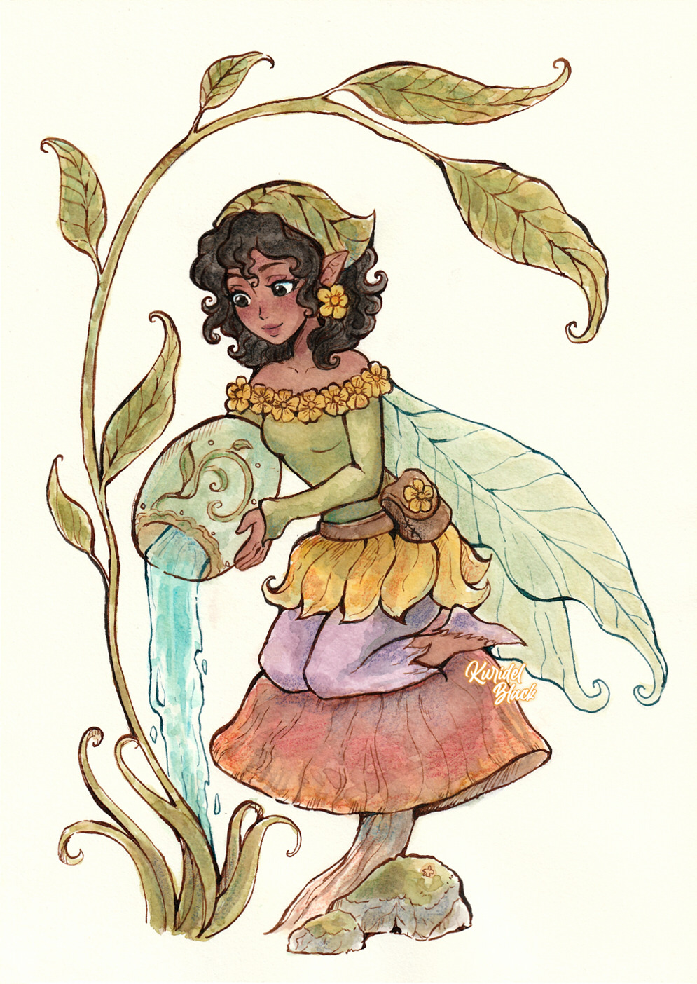 dark-skinned_female, dark_skin, disney_fairies_(book_series), earrings, fairy, fairy_wings, highres, holding, holding_watering_can, jewelry, kuridel, lily_(disney_fairies), lips, mini_person, minigirl, pants, pants_under_skirt, plant_clothing, pointy_ears, shirt, shoes, skirt, smile, solo, very_dark_skin, watering, watering_can, wings