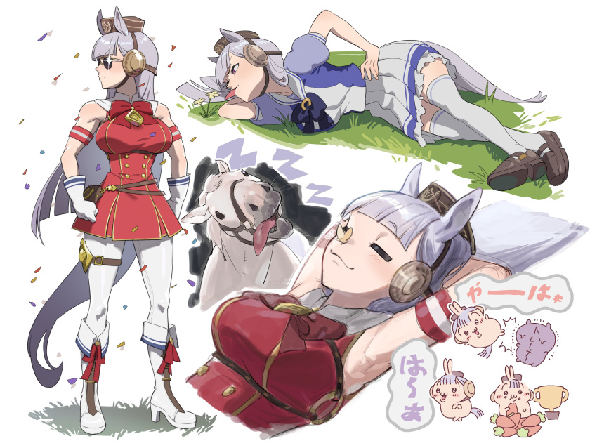 1girl, =_=, absurdres, animal, animal_ears, armpits, arms_behind_head, arms_up