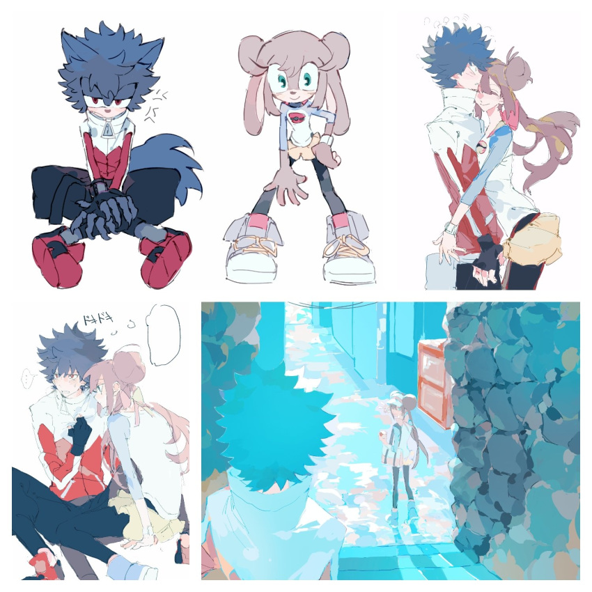 1boy, 1girl, annoyed, blue_eyes, blue_hair, blue_pants, blue_shoes, blue_sleeves