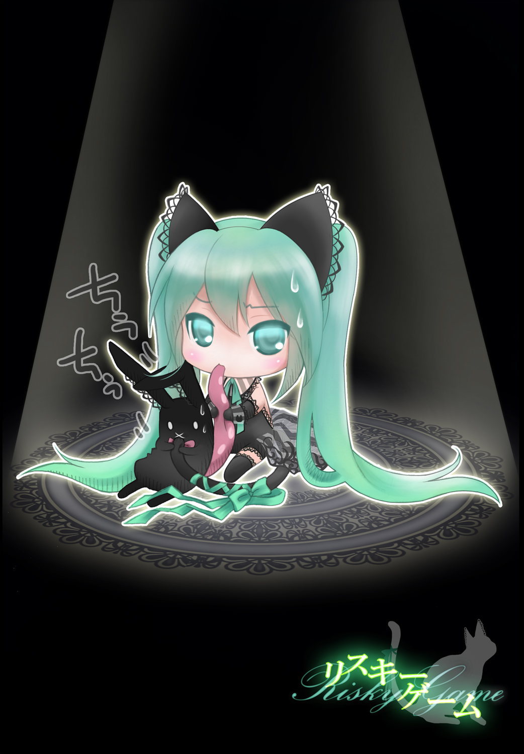 aqua_hair, bad_id, cat_tail, chibi, hatsune_miku, highres, holding_another's_tail, itto_maru
