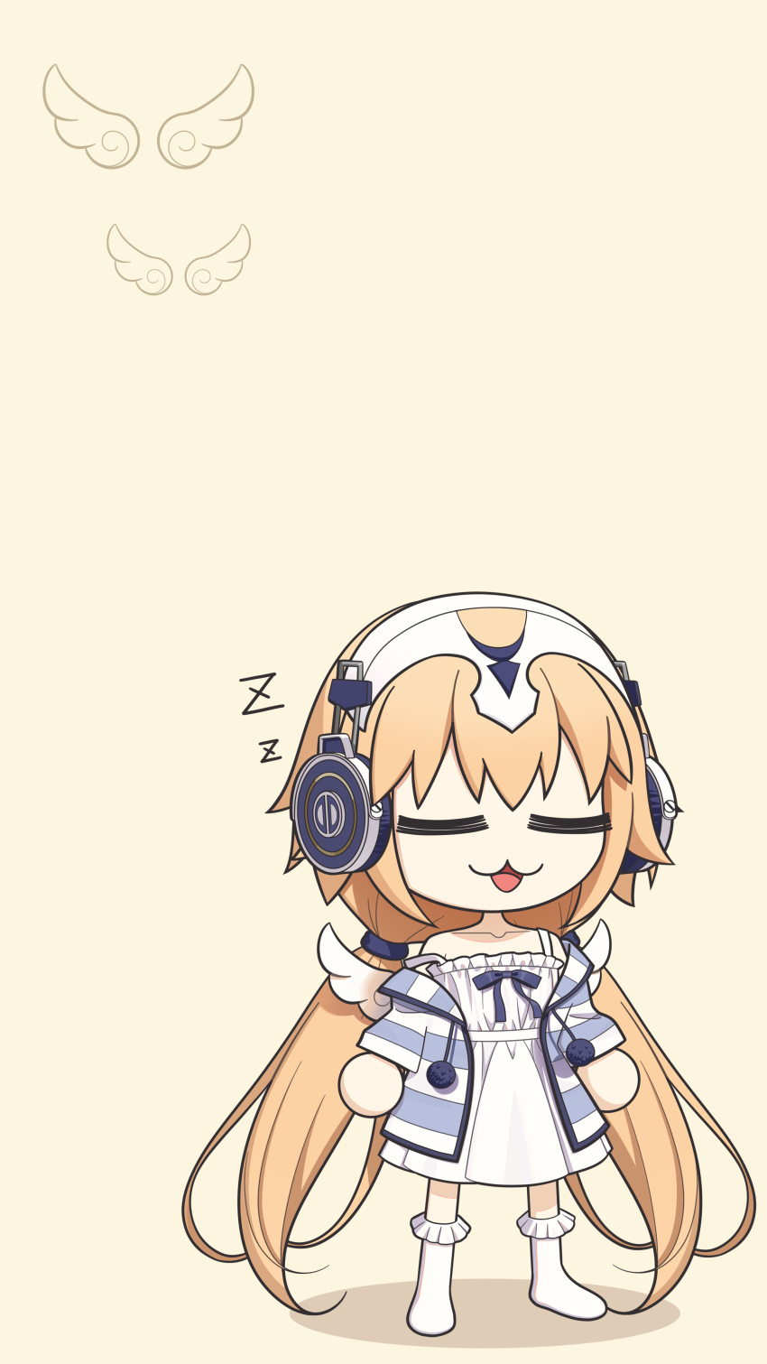 1girl, :3, =_=, absurdres, angel, angel_wings, bare_shoulders, blonde_hair, camisole, coat, coat_on_shoulders, dress, fate/grand_order, fate_(series), feathered_wings, headphones, highres, jeanne_d'arc_(fate), long_hair, long_sleeves, low_twintails, metatron_jeanne_(fate), metatron_jeanne_(second_ascension)_(fate), neco-arc, nightgown, open_mouth, sleeping, sleepwear, socks, solo, striped_clothes, striped_sweater, sweater, twintails, very_long_hair, white_camisole, white_dress, wings, xue_mei_(zyzm3884), zzz