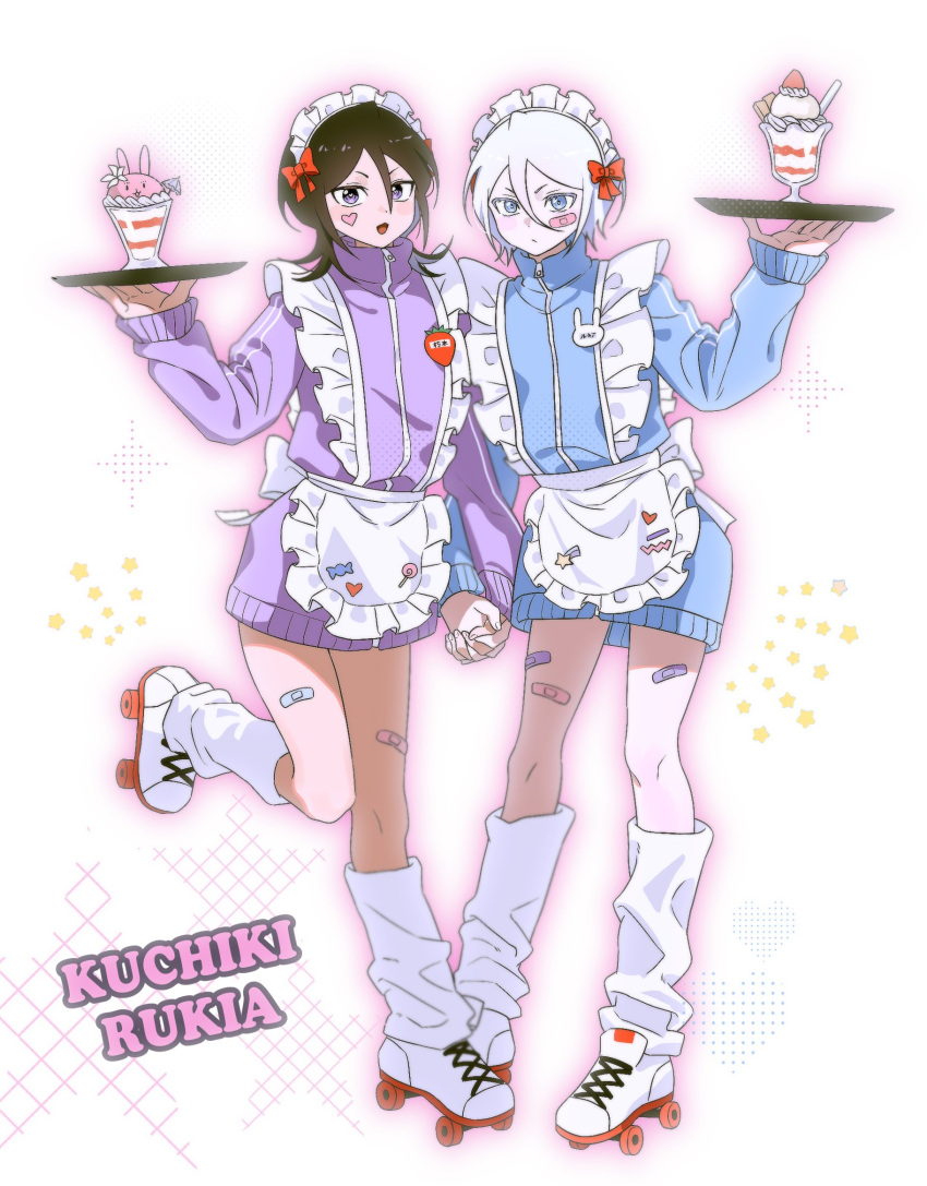 2girls, apron, bandaid, bandaid_on_face, bandaid_on_leg, black_hair, bleach, blue_eyes