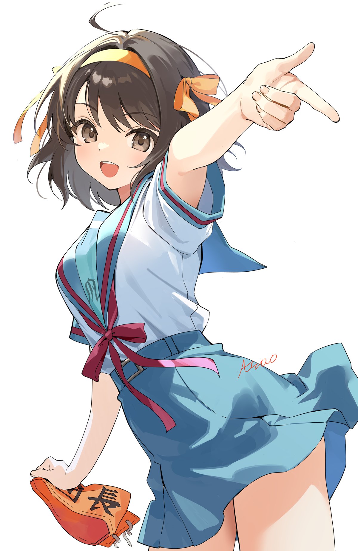 1girl, :d, ahoge, armband, blue_sailor_collar, blue_skirt, blush, breasts, brown_eyes, brown_hair, commentary, hair_ribbon, hairband, highres, holding, holding_armband, holding_unworn_clothes, kita_high_school_uniform, looking_at_viewer, open_mouth, pointing, red_armband, red_ribbon, ribbon, sailor_collar, school_uniform, serafuku, short_sleeves, simple_background, skirt, smile, solo, standing, summer_uniform, suzumiya_haruhi, suzumiya_haruhi_no_yuuutsu, teeth, thighs, tongue, unworn_armband, upper_teeth_only, urata_asao, white_background, yellow_hairband, yellow_ribbon