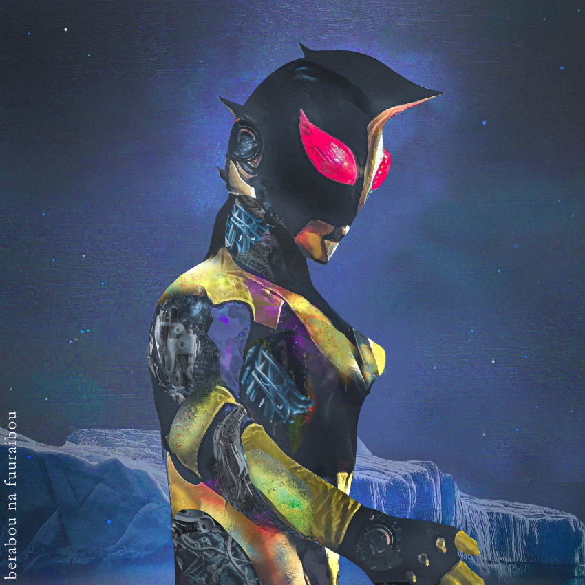 1boy, alien, antarctica, artist_name, black_gloves, black_skin, blue_sky, color_timer, colored_skin, commentary, compound_eyes, doppelganger, dorsal_fin, exposed_internal_machinery, fingerless_gloves, from_side, glacier, gloves, glowing, glowing_eyes, highres, humanoid_robot, joints, looking_down, male_focus, multicolored_skin, night, night_sky, obakelope0530, outdoors, pectorals, pointy_ears, red_eyes, robot, robot_joints, sky, solo, standing, star_(sky), studded_gloves, teeth, tokusatsu, toned, toned_male, two-tone_skin, ultra_series, ultraman_shadow, ultraman_zearth_(series), upper_teeth_only, wire, x-ray, yellow_skin