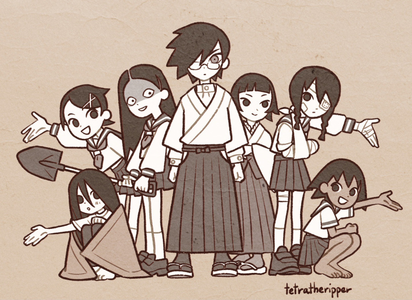 1boy, 6+girls, :d, arm_sling, arm_up, bandage_on_thigh, bandage_over_one_eye, bandages