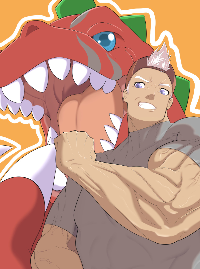 1boy, absurdres, backwards_hat, baseball_cap, black_shirt, brown_hat, dark-skinned_male, dark_skin, digimon, digimon_(creature), digimon_card_game, digimon_liberator, flexing, hat, highres, male_focus, muscular, muscular_male, open_mouth, orange_background, parted_lips, ryutaro_williams, sharp_teeth, shirt, short_hair, simple_background, skin_tight, smirk, taira_(tairamon), teeth, tyrannosaurus_rex, tyranomon, upper_body, veins, violet_eyes, white_hair