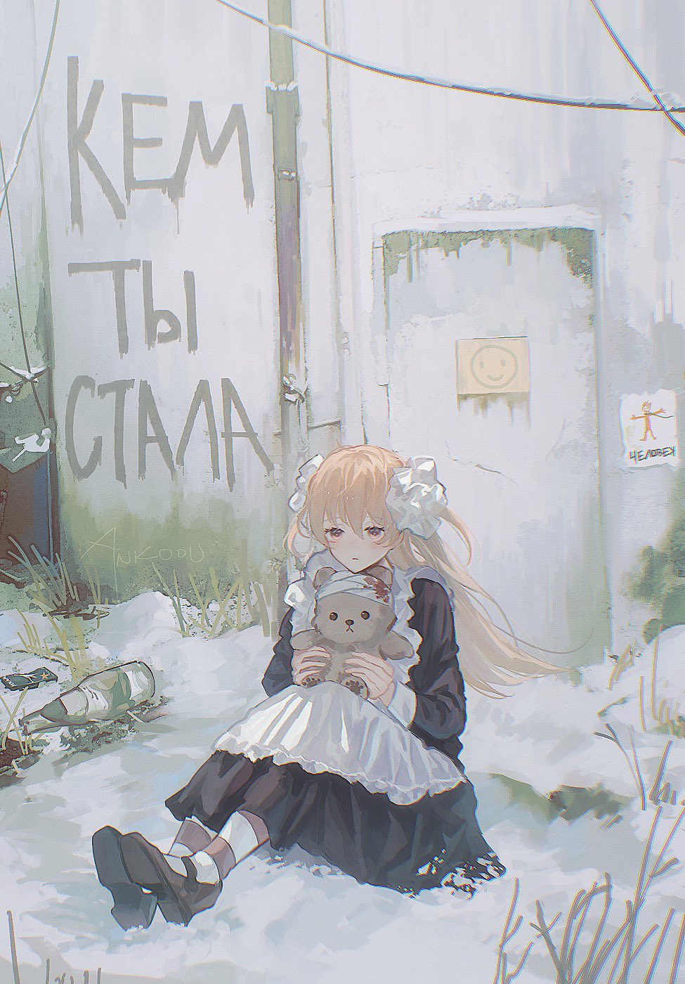 1girl, ankodesoy, apron, artist_name, black_dress, black_shoes, blonde_hair, blush