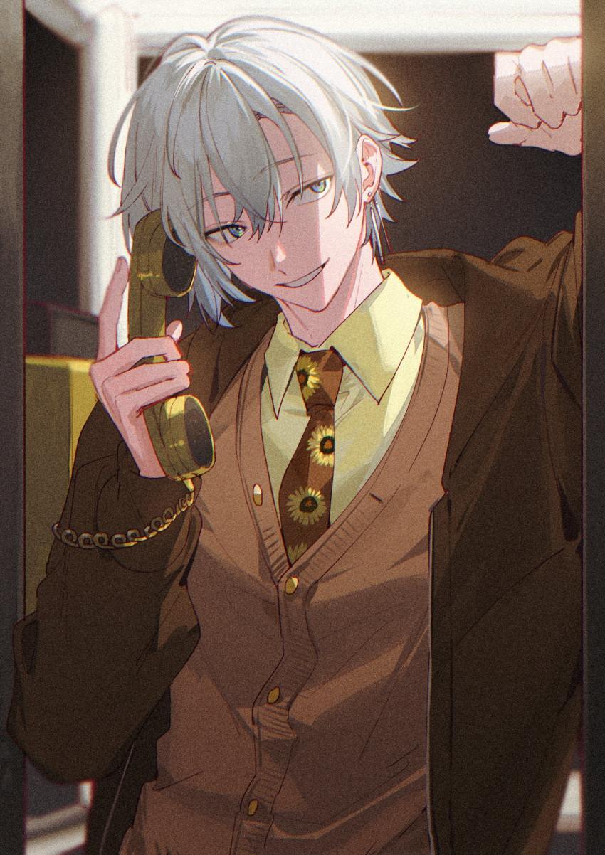1boy, arm_up, blue_eyes, blurry, blurry_background, brown_cardigan, brown_hoodie, brown_necktie