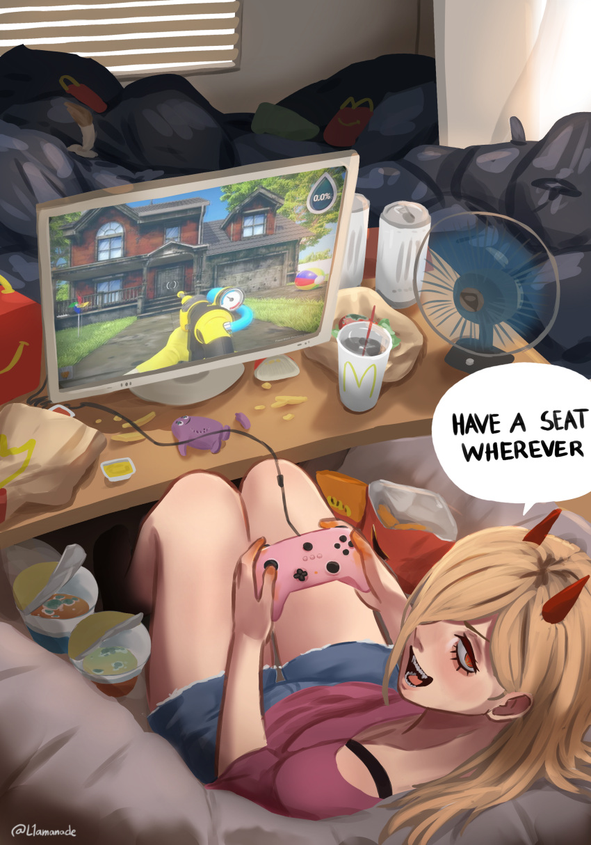 :d, absurdres, artist_name, bag, bag_of_chips, blue_shorts, can, chainsaw_man