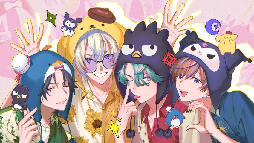 +_+, 4boys, :d, ;p, absurdres, arms_up, badtz-maru, beanie