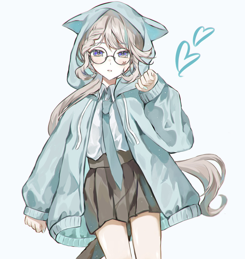 1girl, absurdres, anemonelove, animal_ears, bare_legs, black_skirt, braid, cardigan
