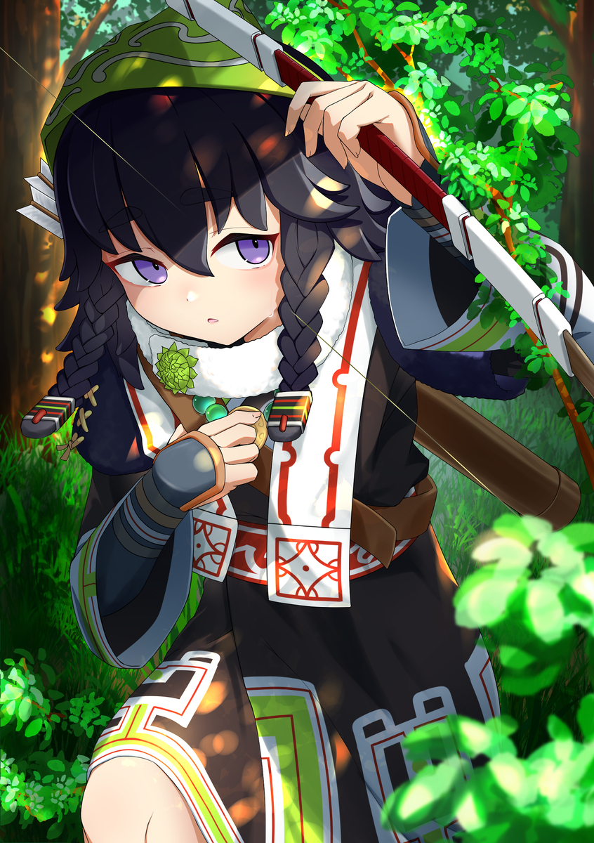 1girl, ainu_clothes, black_dress, black_hair, bow_(weapon), braid, day, forest