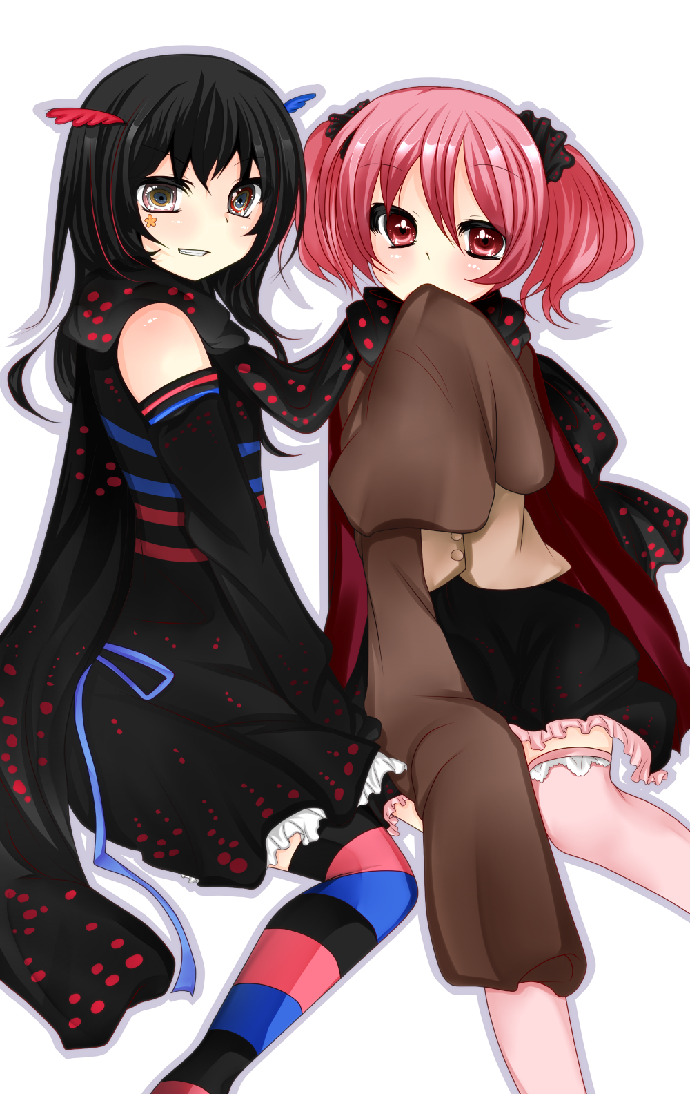 @_@, bad_id, bare_shoulders, black_hair, charlotte_(madoka_magica), covering, covering_face, covering_mouth, detached_sleeves, dual_persona, dual_personal, grin, head_wings, highres, long_hair, mahou_shoujo_madoka_magica, multicolored_eyes, multiple_girls, personification, pink_eyes, pink_hair, sakuragi_yuzuki, scarf, shadow, shared_scarf, short_hair, simple_background, sitting, sleeves_past_wrists, smile, striped, striped_legwear, striped_thighhighs, thighhighs, twintails