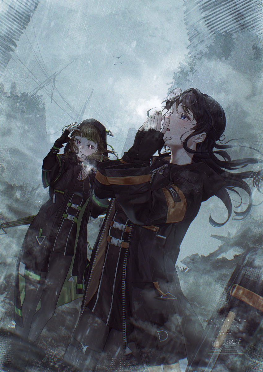 2girls, absurdres, black_coat, black_gloves, black_pantyhose, black_skirt, blue_sky, blunt_bangs
