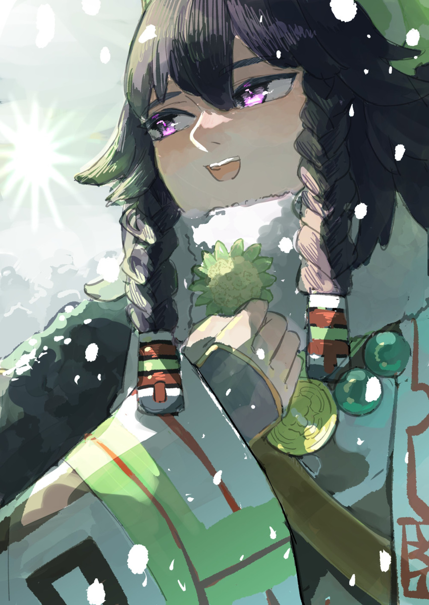 1girl, absurdres, ainu_clothes, black_hair, braid, green_headscarf, hand_on_own_chest, headscarf