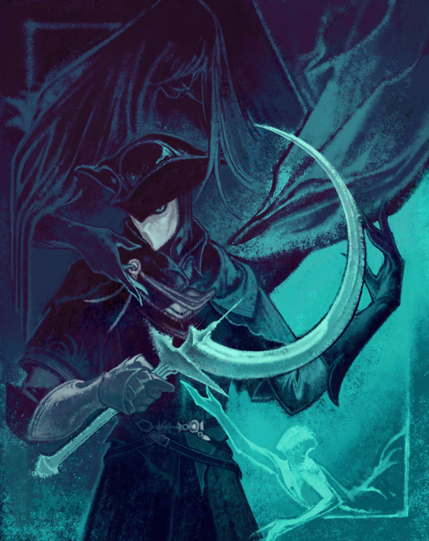 1boy, 1girl, cruentum_noctis, dark_souls_(series), dark_souls_iii, gloves, glowing, glowing_weapon, hat, hat_over_one_eye, highres, holding, holding_weapon, leonhard_(dark_souls), mask, rosaria_mother_of_rebirth, sickle, standing, tricorne, upper_body, weapon