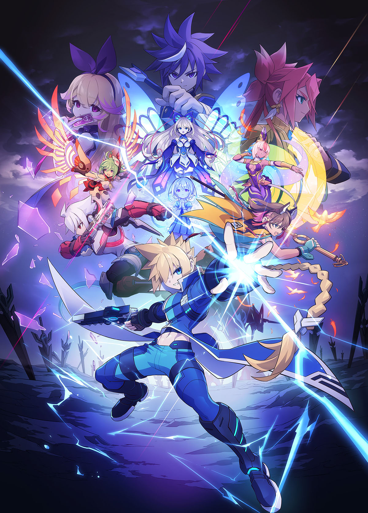 4boys, 6+girls, acura_(gunvolt), ahoge, armor, azure_striker_gunvolt, azure_striker_gunvolt_2, azure_striker_gunvolt_3