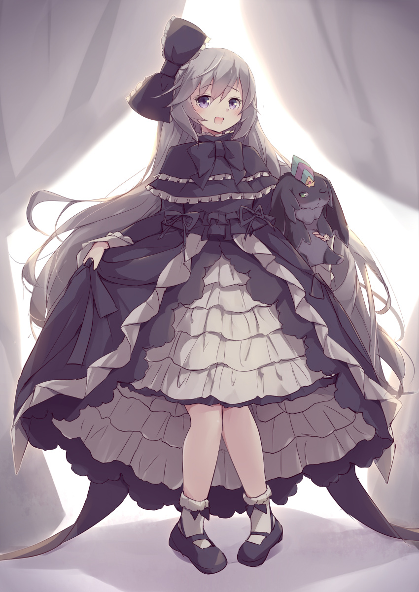 1girl, 1other, absurdres, black_bow, black_dress, black_eyes, black_fur, black_hair