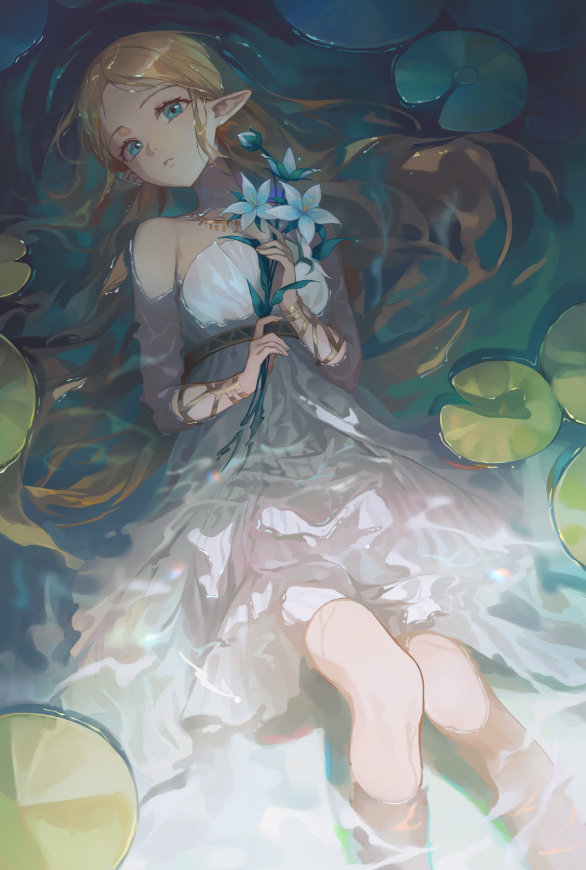 1girl, absurdres, afloat, alohayuja, bare_shoulders, blonde_hair, blue_eyes, bracer, breasts, commentary, dress, feet_out_of_frame, flower, from_above, gold_bracer, gold_necklace, hair_spread_out, highres, holding, holding_flower, jewelry, korean_commentary, lily_pad, long_hair, looking_at_viewer, lying, medium_breasts, medium_dress, necklace, on_back, parted_lips, partially_submerged, pointy_ears, princess_zelda, ripples, silent_princess, solo, strapless, strapless_dress, the_legend_of_zelda, the_legend_of_zelda:_breath_of_the_wild, underlighting, very_long_hair, water, wavy_hair, wet, wet_clothes, wet_dress, wet_hair, white_dress