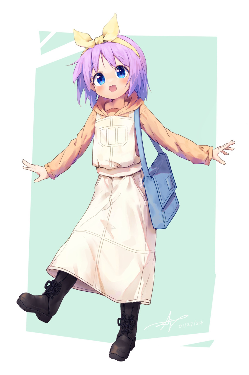 1girl, absurdres, ap04astral, bag, black_boots, blue_bag, blue_eyes, blush