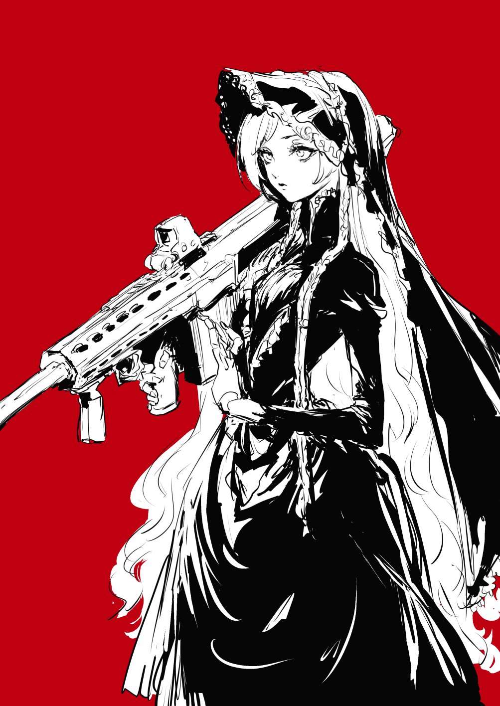 1girl, anti-materiel_rifle, barrett_m82a2, black_bonnet, black_dress, black_veil, bonnet, braid