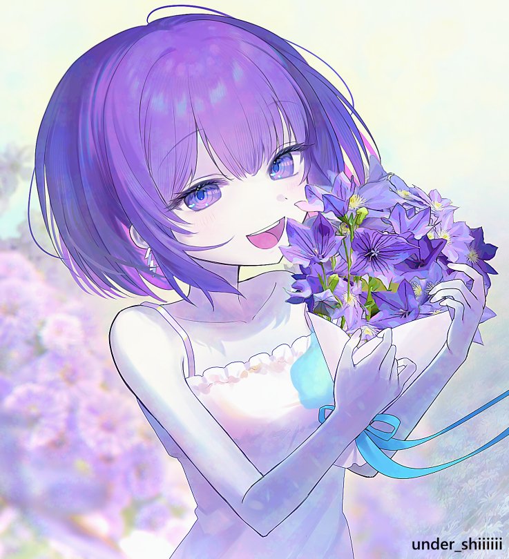 1girl, :d, bare_arms, bare_shoulders, blue_fire, blue_ribbon, blurry, bouquet