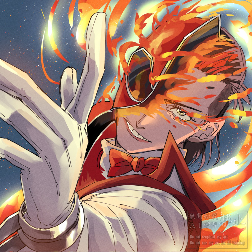 1boy, blue_background, bow, bowtie, brown_hair, commentary, facial_mark, fire