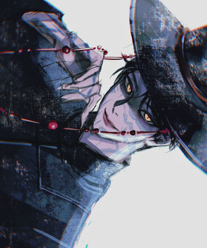 1boy, absurdres, arm_up, black_hanbok, black_hat, body_markings, closed_mouth, commentary