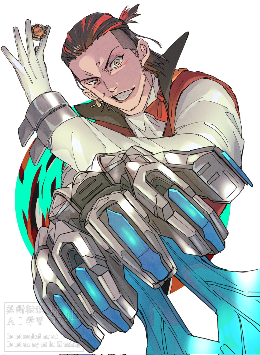 1boy, arm_blade, bow, bowtie, brown_hair, clenched_teeth, commentary_request, earrings