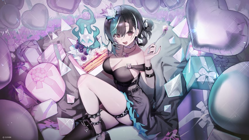 :d, alternate_costume, alternate_hairstyle, arm_strap, artist_request, balloon, bare_shoulders, black_dress