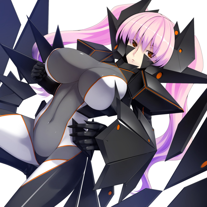 bodysuit, breasts, gloves, highres, large_breasts, long_hair, original, pink_hair, red_eyes, science_fiction, simple_background, solo, tro, tro-ko, twintails
