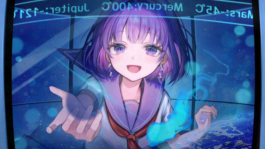 1girl, :d, blue_fire, commentary, earrings, fire, hands_up, highres, indie_utaite, jewelry, konkon_tamashii, light_blush, looking_at_viewer, medium_hair, multiple_earrings, open_mouth, purple_hair, purple_sailor_collar, reaching, reaching_towards_viewer, sailor_collar, school_uniform, serafuku, sg_(under_siiiiii), shirt, short_sleeves, smile, solo, twitter_username, violet_eyes, white_shirt