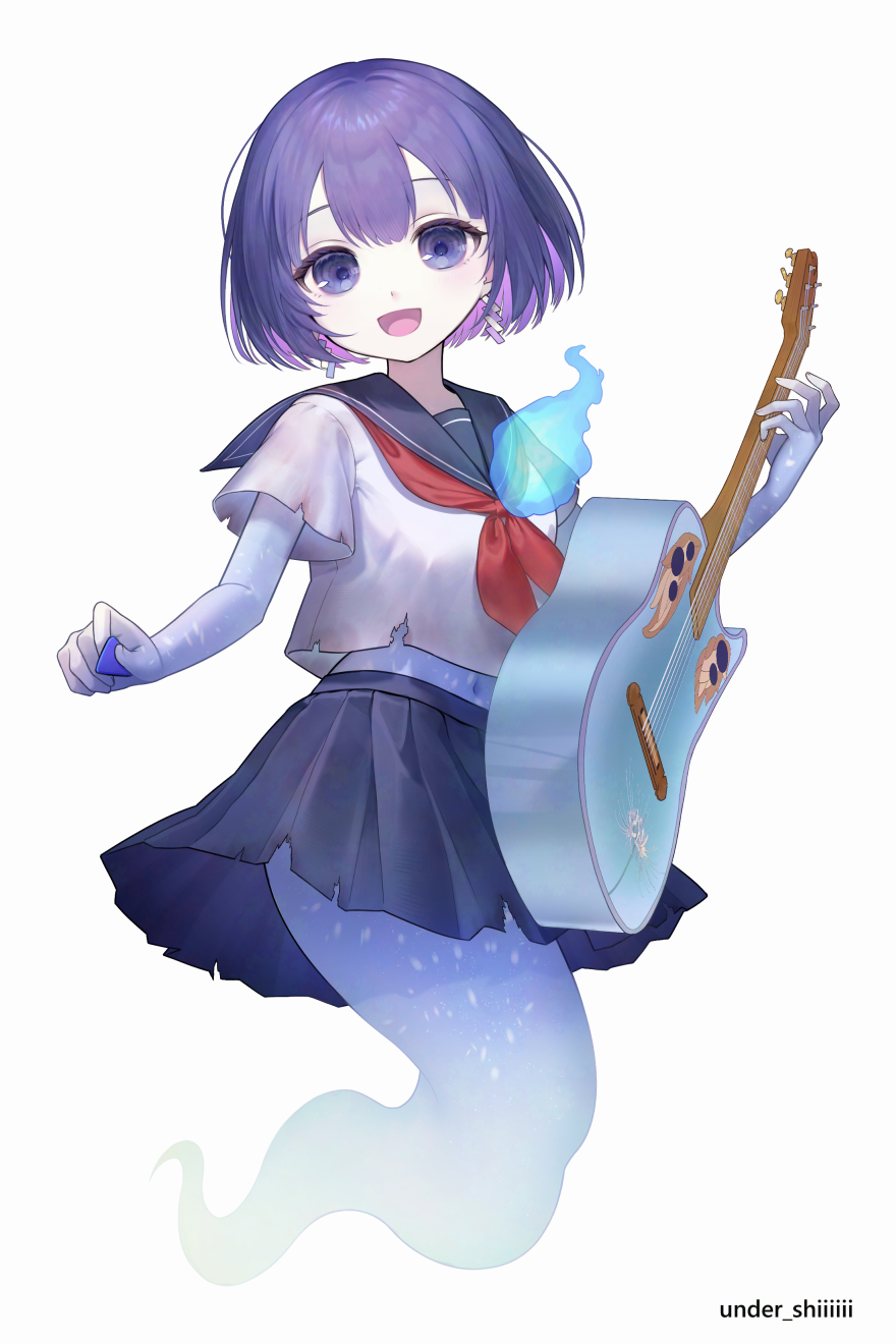1girl, :d, acoustic_guitar, blue_fire, blue_sailor_collar, blue_skirt, colored_inner_hair, commentary_request
