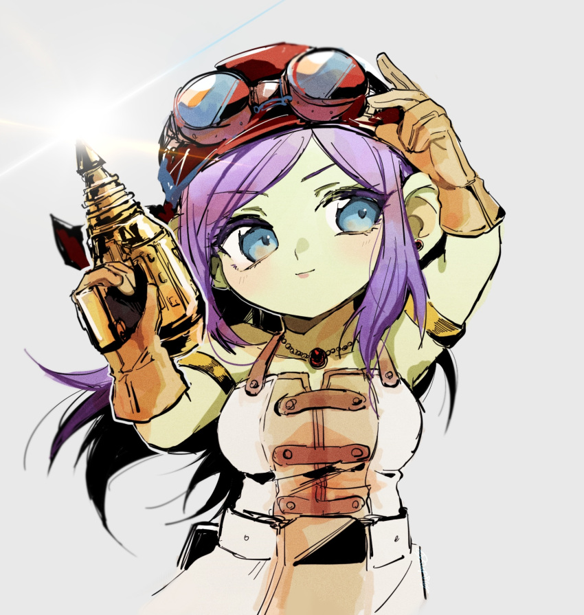 1girl, adjusting_eyewear, aqua_eyes, arm_up, armlet, bandana, breasts, buttons