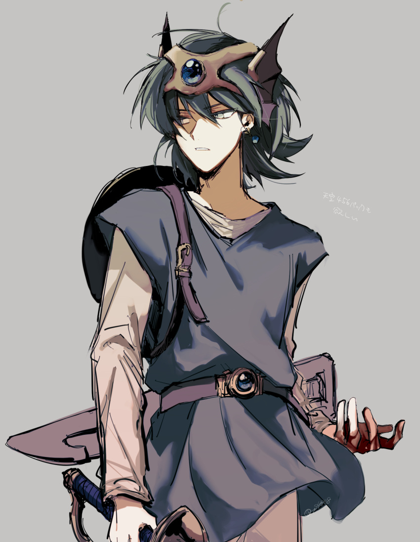 1boy, aqua_tunic, belt, blood, blood_on_hands, blue_gemstone, commentary_request, cowboy_shot