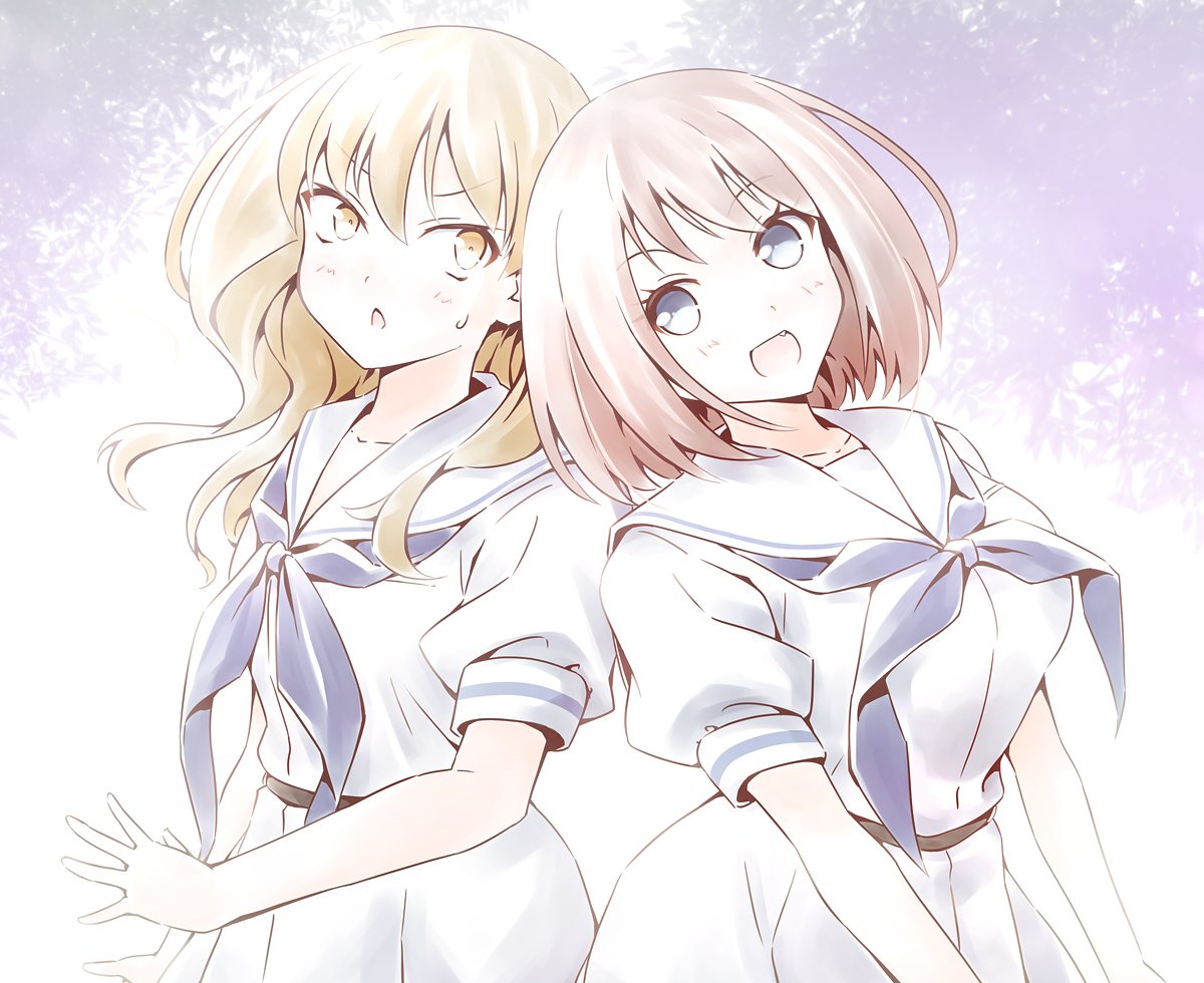 2girls, belt, belt_buckle, blonde_hair, blue_eyes, blue_neckerchief, blue_ribbon, breasts