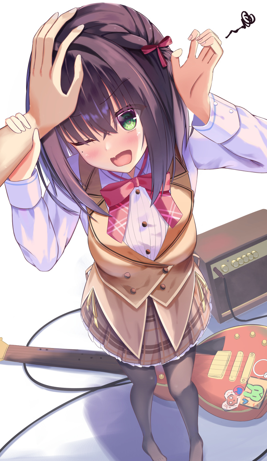 1girl, 1other, absurdres, black_hair, black_pantyhose, blush, bow, bowtie