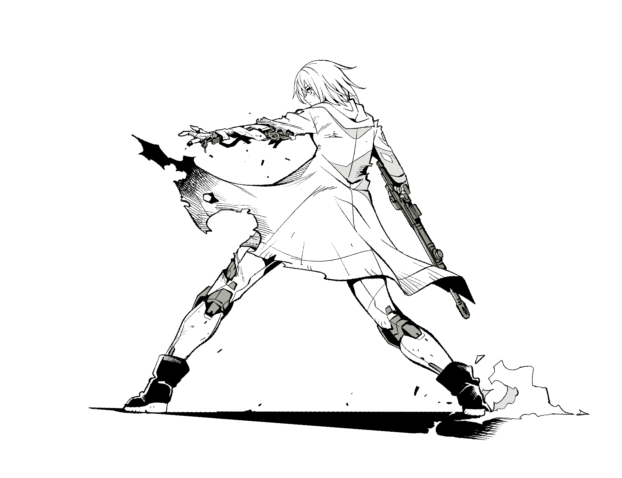 1girl, android, battle, battle_damage, blau_(mechanical_buddy_universe), coat, damaged, gun
