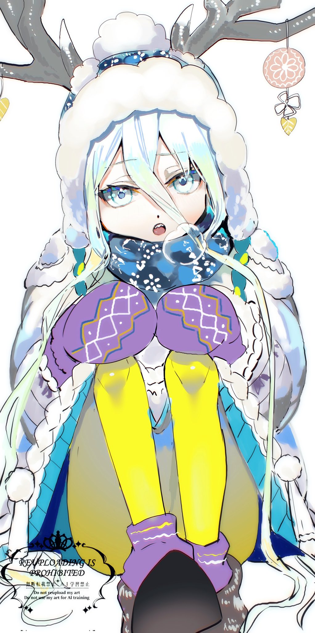 1girl, antlers, beanie, blue_hat, blue_scarf, blush, boots, breasts