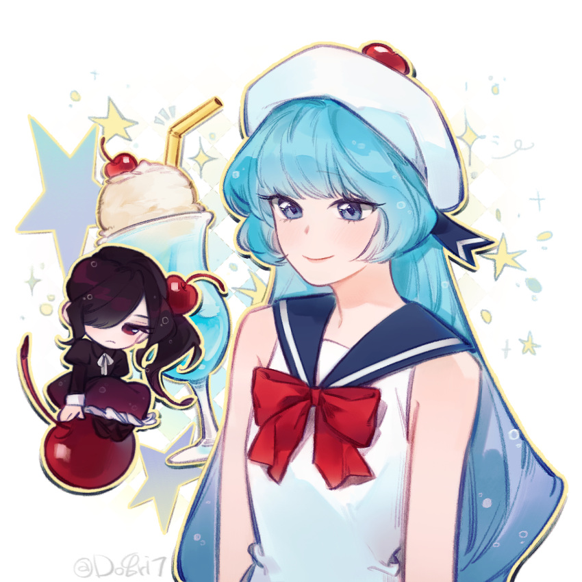 2girls, animification, black_dress, black_hair, cherry, cherry_cola_cookie, cherry_hair_ornament, cherry_hat_ornament