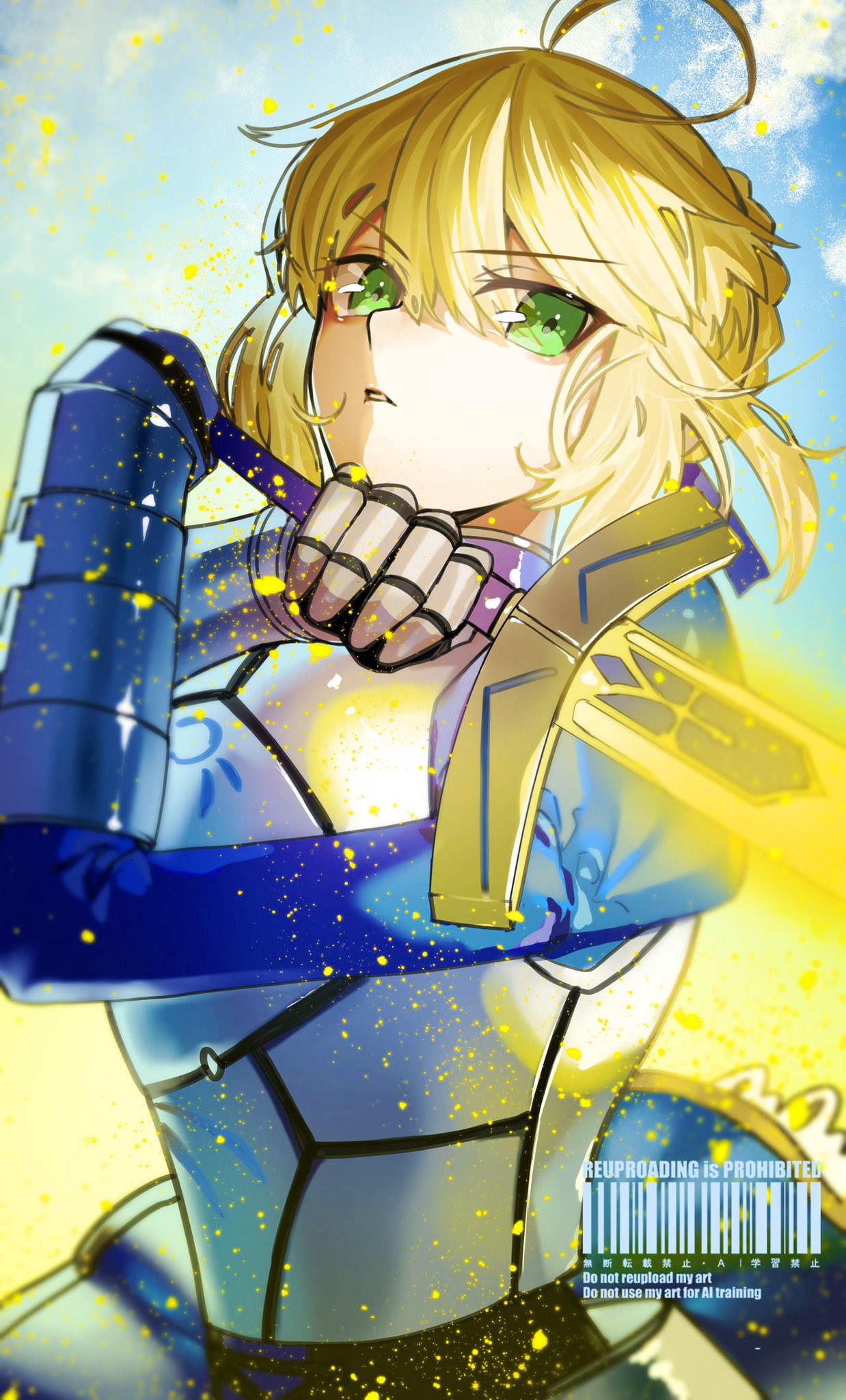 1girl, ahoge, armor, armored_dress, artoria_pendragon_(fate), blonde_hair, blue_dress, blue_ribbon