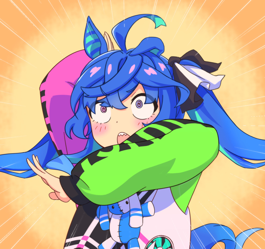 1girl, @_@, ahoge, animal_ears, blue_hair, commentary_request, gundam, gundam_gquuuuuux