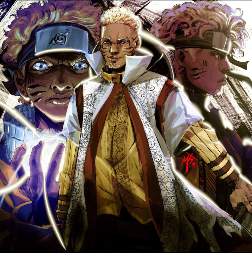 1boy, age_comparison, alternate_skin_color, beard, blonde_hair, blue_eyes, closed_mouth, cowboy_shot