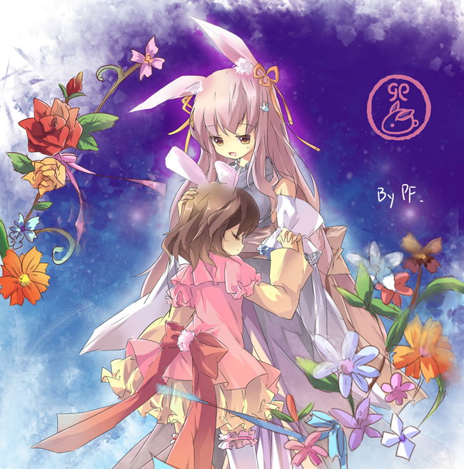 alternate_costume, animal_ears, bad_id, black_hair, blue_dress, bunny_ears, bunny_tail, closed_eyes, dress, eyes_closed, flower, hand_holding, hand_on_head, holding_hands, hug, inaba_tewi, interlocked_fingers, multiple_girls, pf, pink_dress, pink_hair, reisen_udongein_inaba, smile, tail, touhou, yellow_eyes