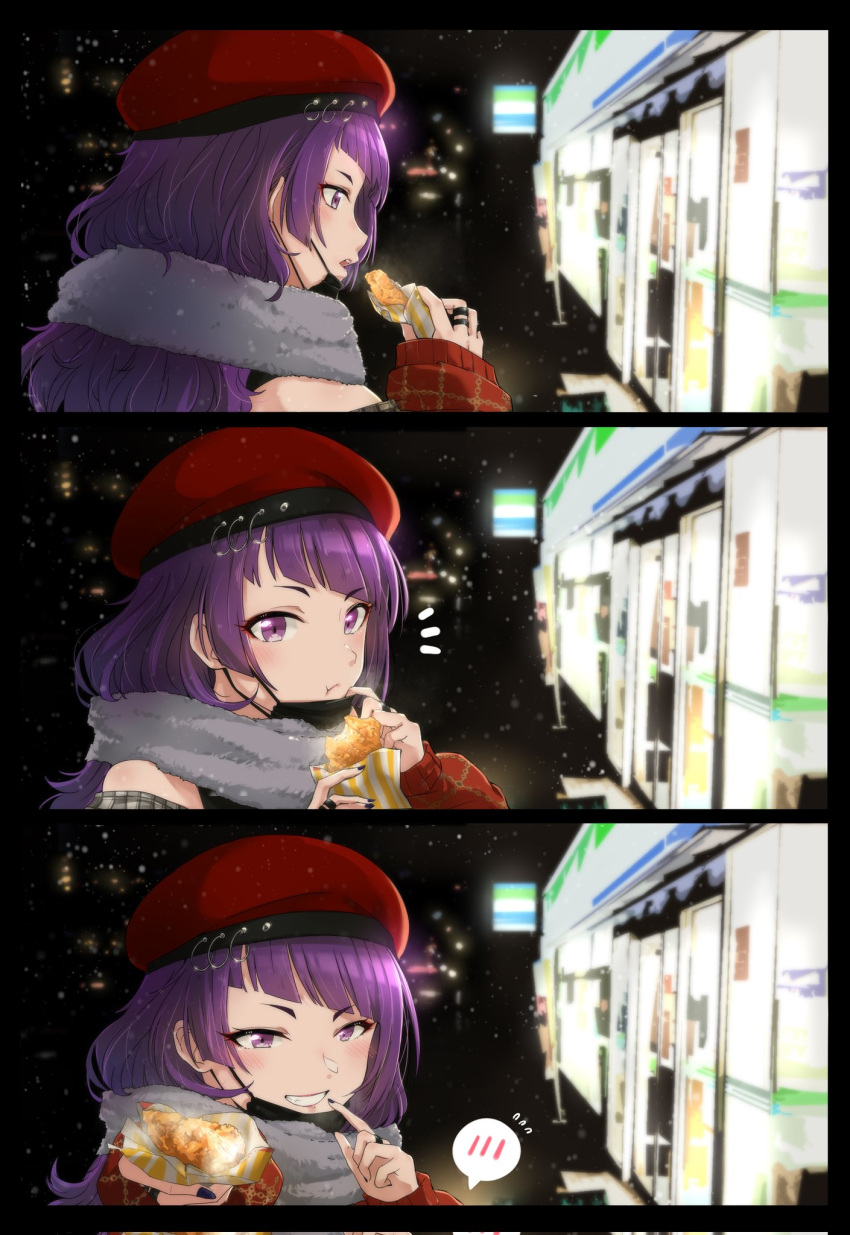 1girl, beret, black_mask, black_nails, blush, chicken_(food), convenience_store, corrupted_twitter_file